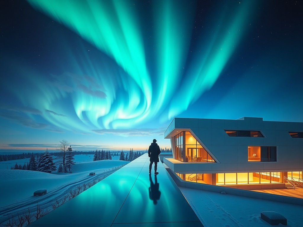 Northern Lights Over Modern Hospital, Digital Matte Painting