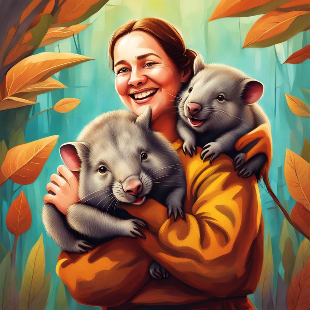 Joyful Woman Surrounded by Baby Wombats
