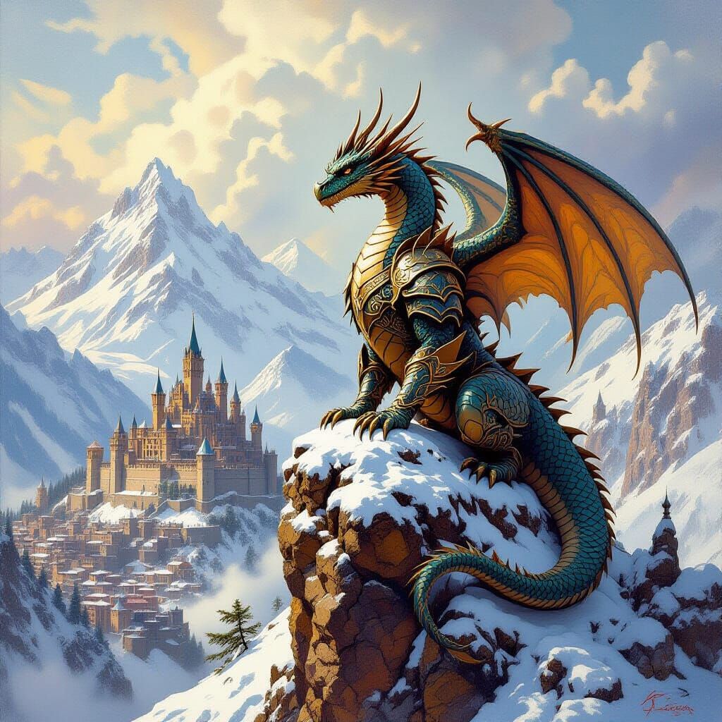 Dragon Over Medieval Kingdom in Oil Painting Style