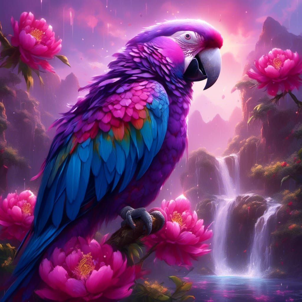 Magnificent Purple Parrot with Waterfall, Digital Painting
