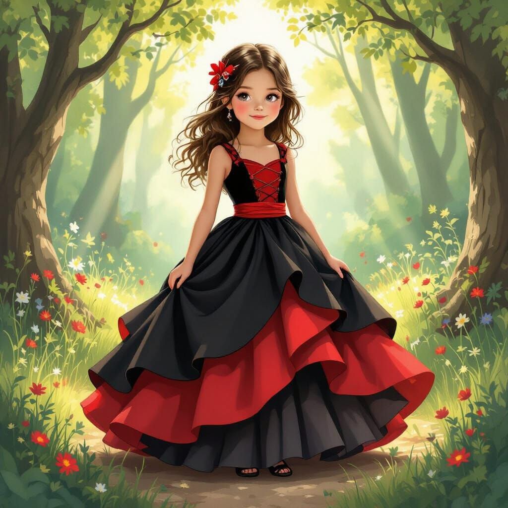 Girl in Whimsical Red & Black Gown in Sun-Dappled Forest