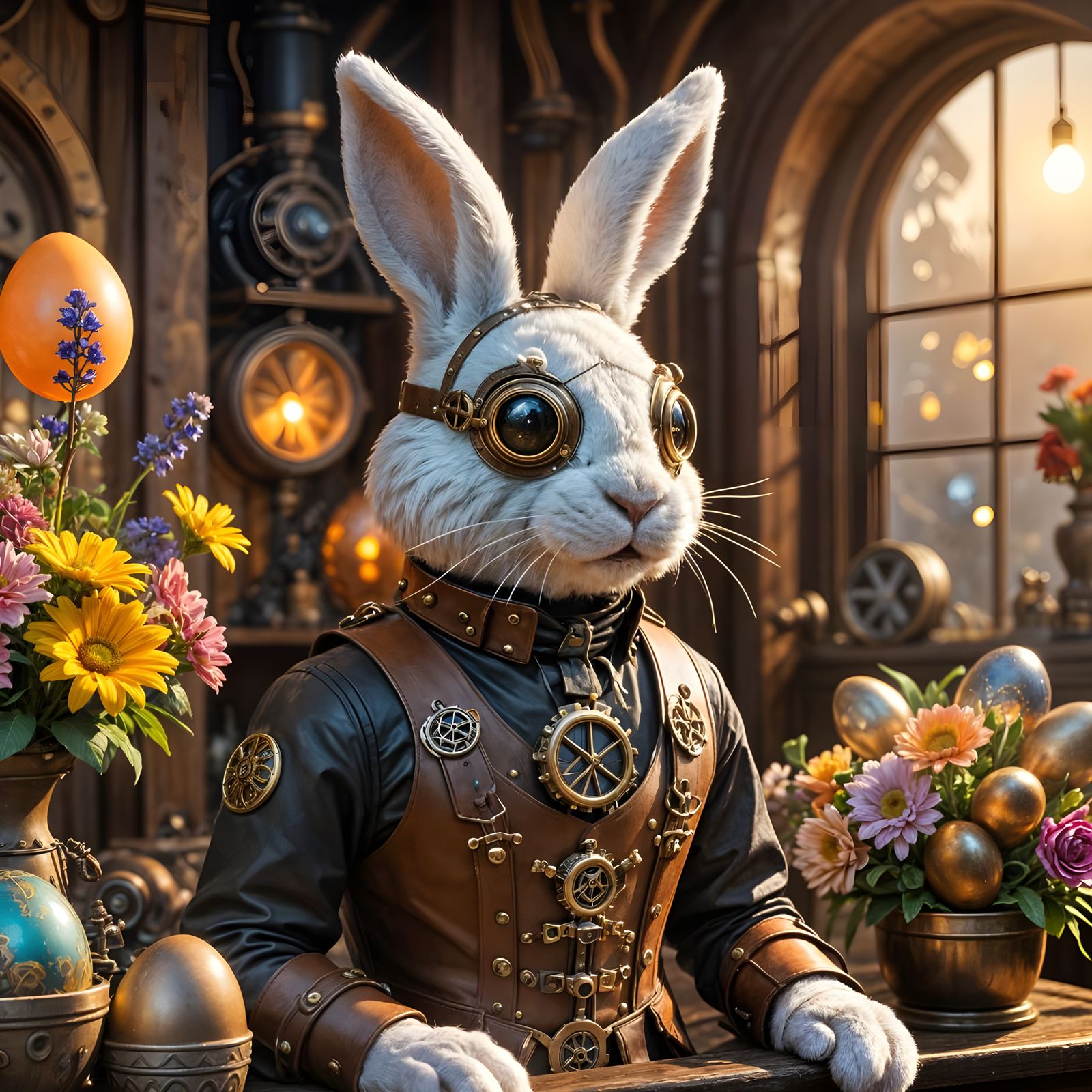Steampunk Easter Bunny Surrounded by Colorful Eggs and Flowe...