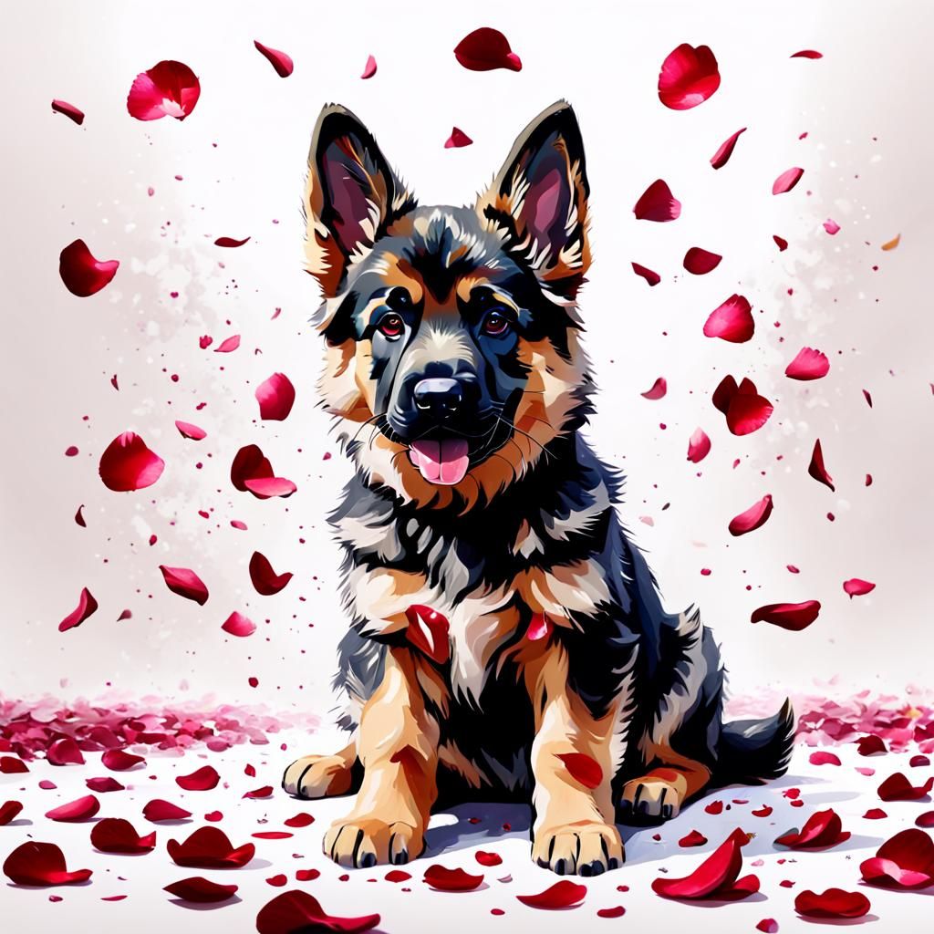 Adorable German Shepherd Puppy with Rose Petals