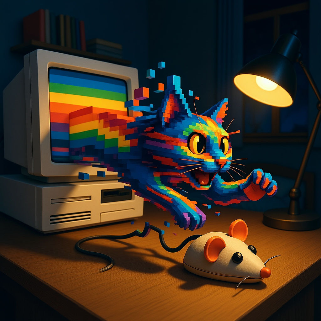 Rainbow Glitch Cat Chasing Mouse in Digital Cyberspace