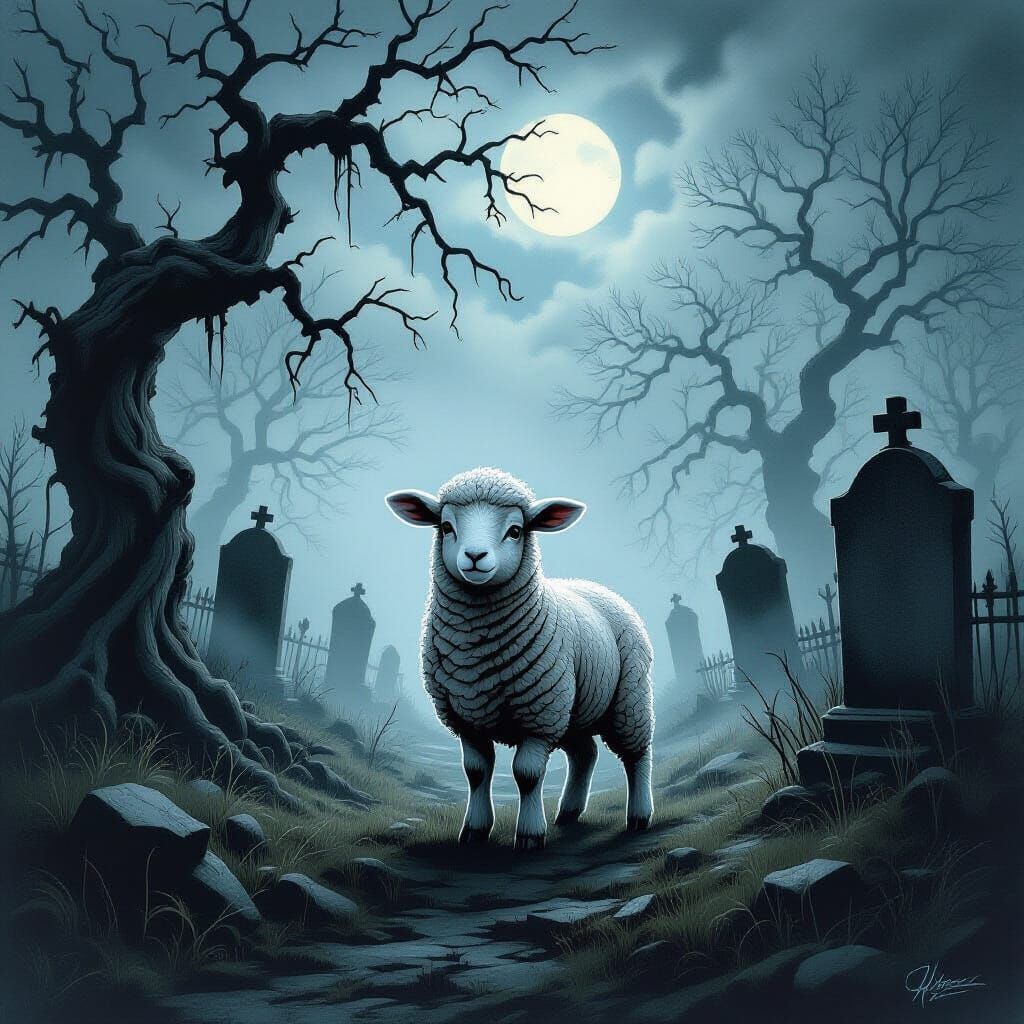 Surreal Stuffed Lamb in Foggy Victorian Graveyard