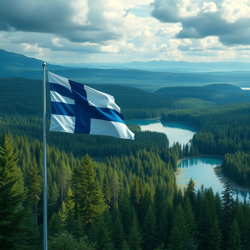 Finnish Fantasy Landscape with Flapping Blue and White Flag