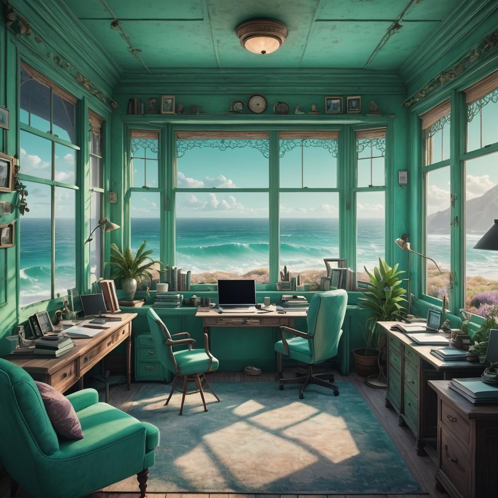 Cozy Seaside Office in Digital Matte Painting