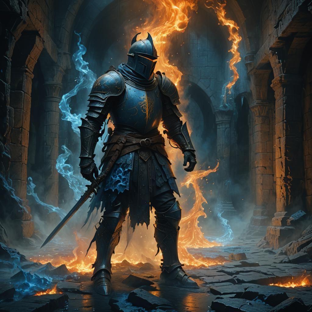 Knight in Burning Blue Fire: Dark Fantasy Art