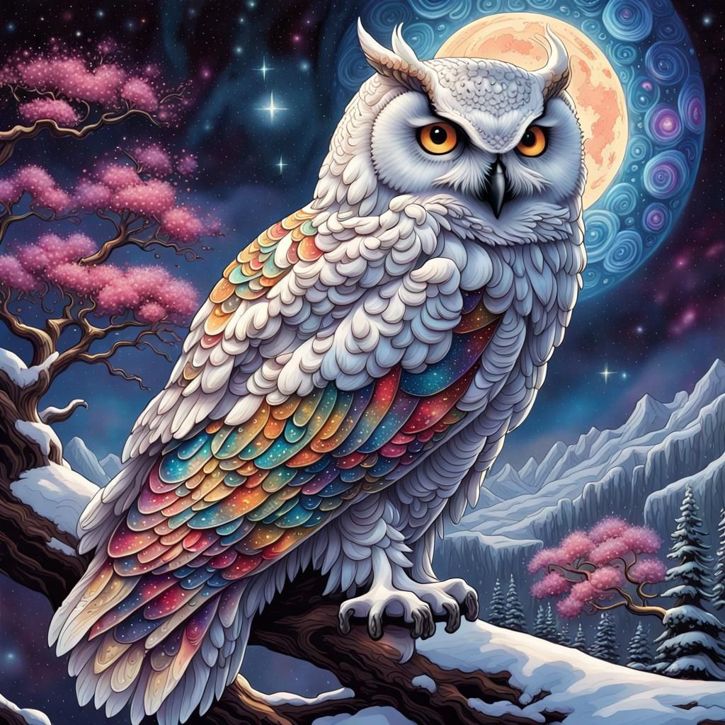 Cosmic Owl with Spiraling Horns Under Starry Sky