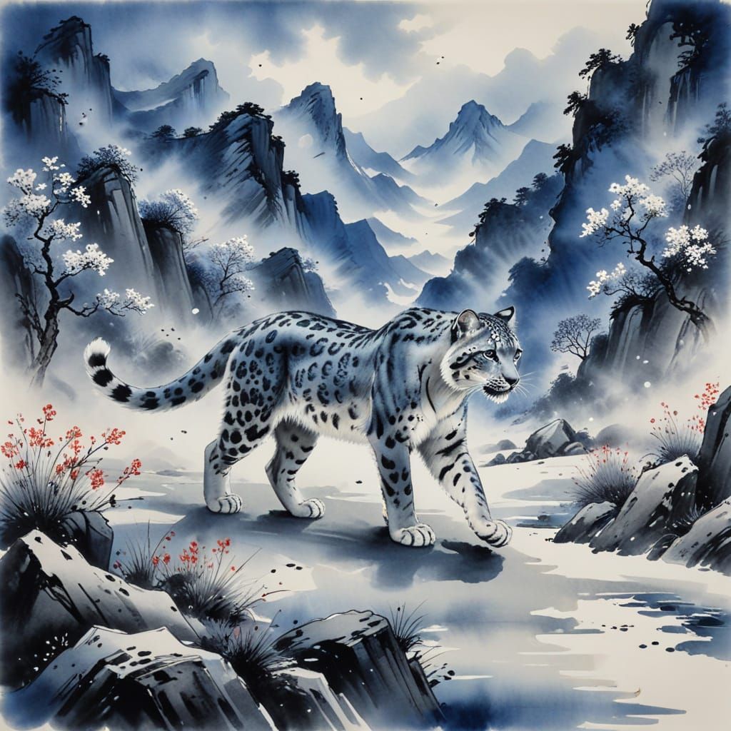 Snow Leopard in Misty Himalayan Pass, Sumi Ink