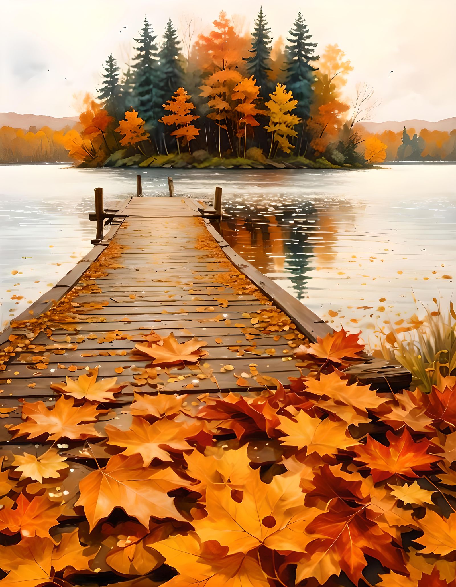 Peaceful fall season, crystalline sparkled lake with fall le...