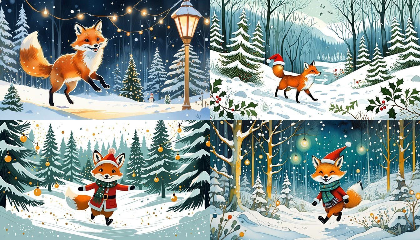 Joyful Christmas Fox Captured in Vibrant Colorful Style