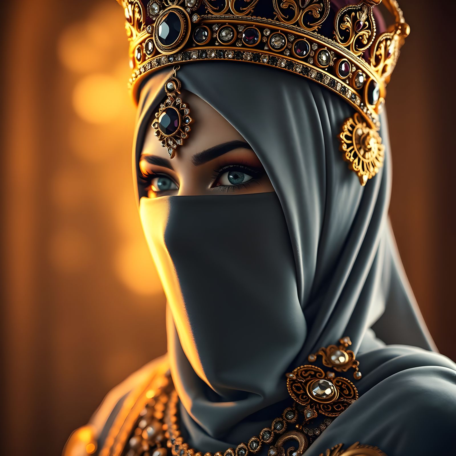 Regal Hijabi Princess in Opulent Baroque Attire