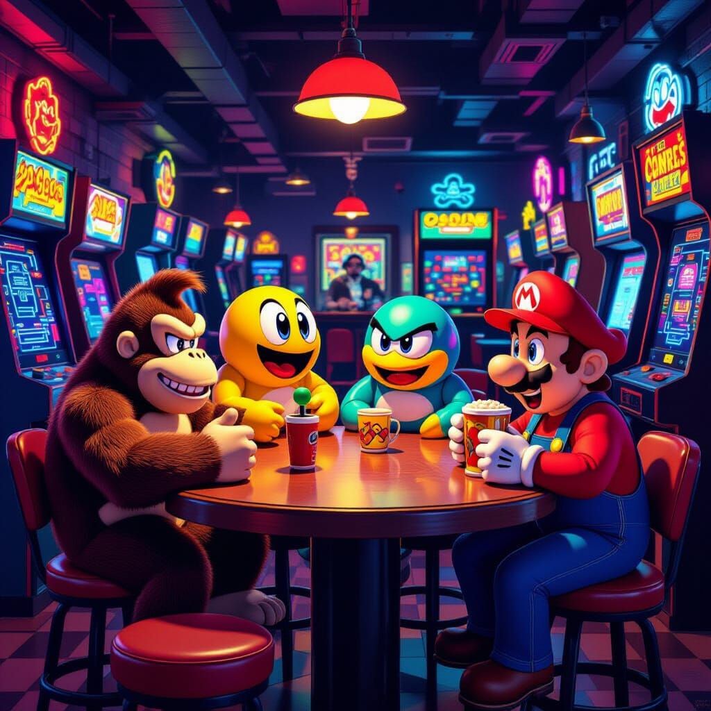 Retro Game Characters Relax at Neon Arcade Bar
