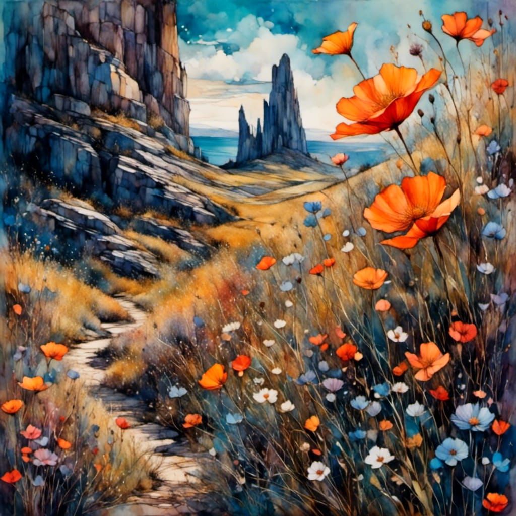 Floral Path in Rocky Landscape, Art Nouveau Style