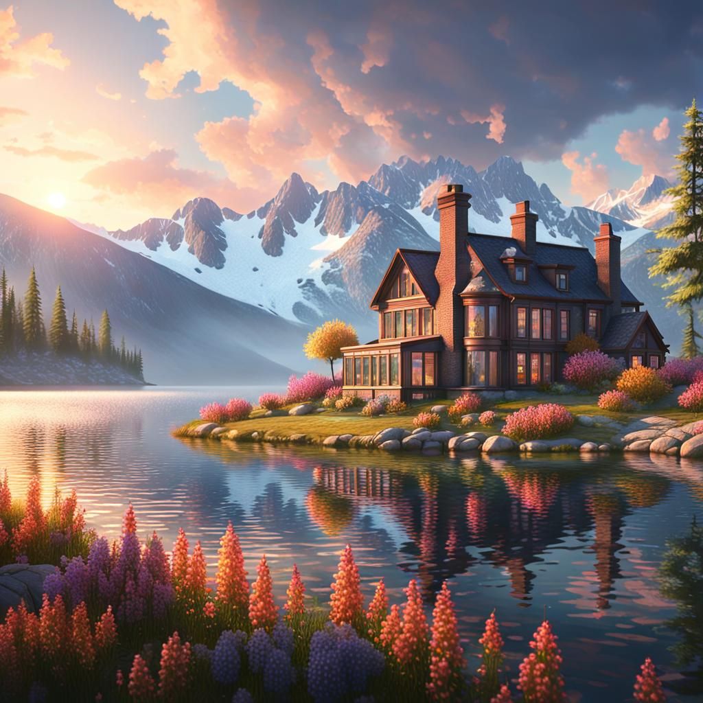 Sunrise Over Calm Lake House: Fantasy Concept Art