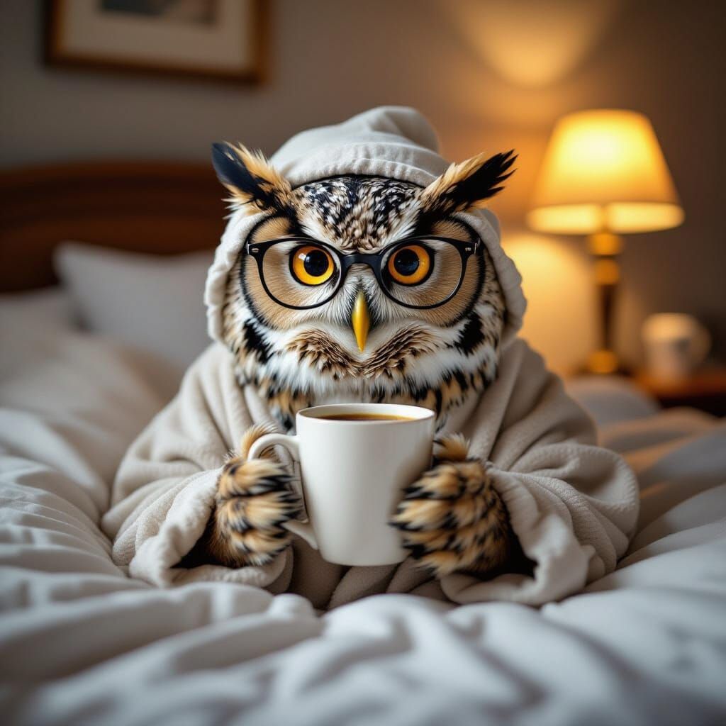 Sleepy Owl With Coffee in Nightcap, Professional Photography