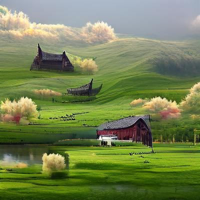 Peaceful Farm on a Meadow in Matte Painting Style