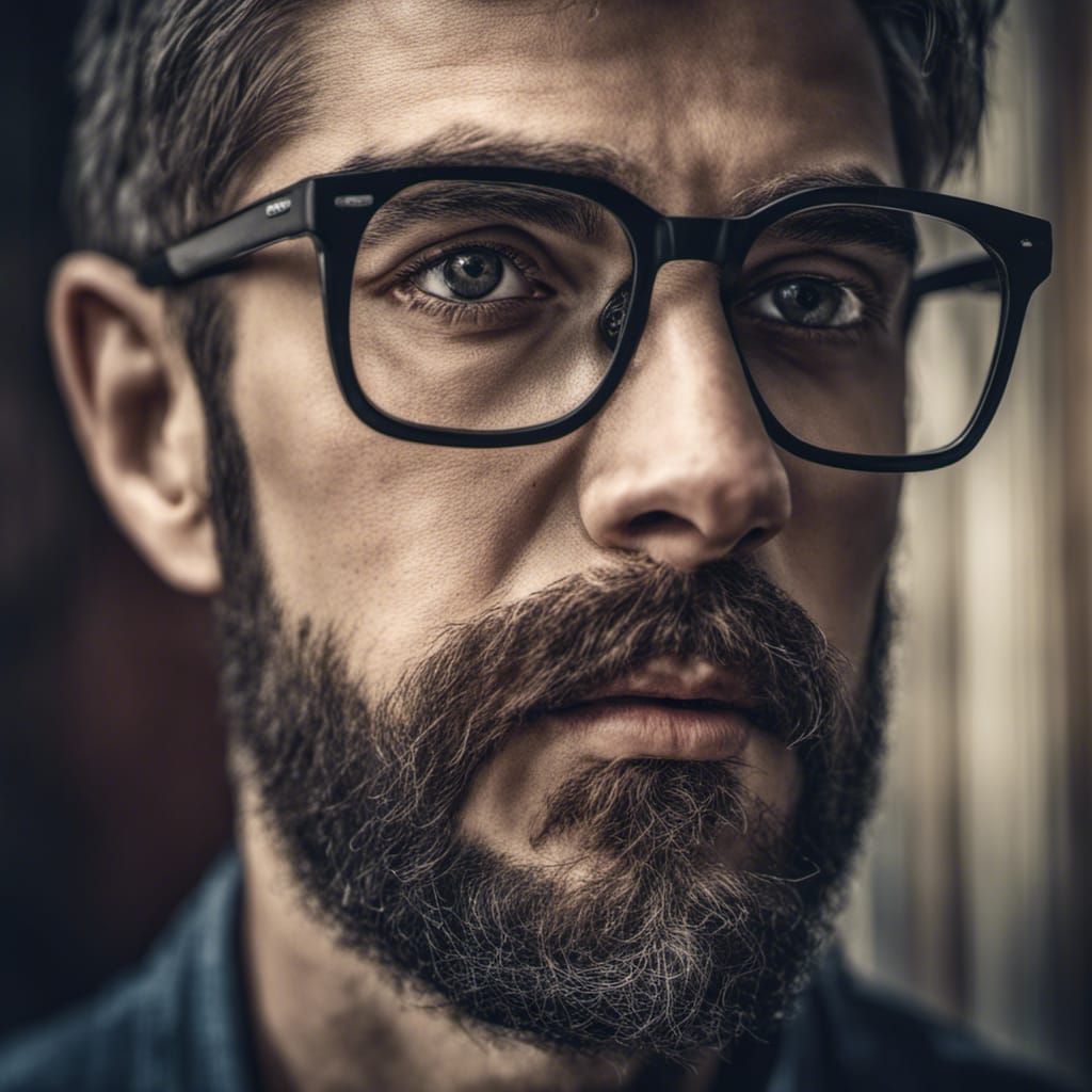 Hyperrealistic Portrait of Bearded Man with Glasses