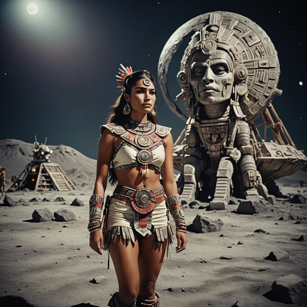 Beautiful Aztec Women on the Moon: Cinematic Film Still