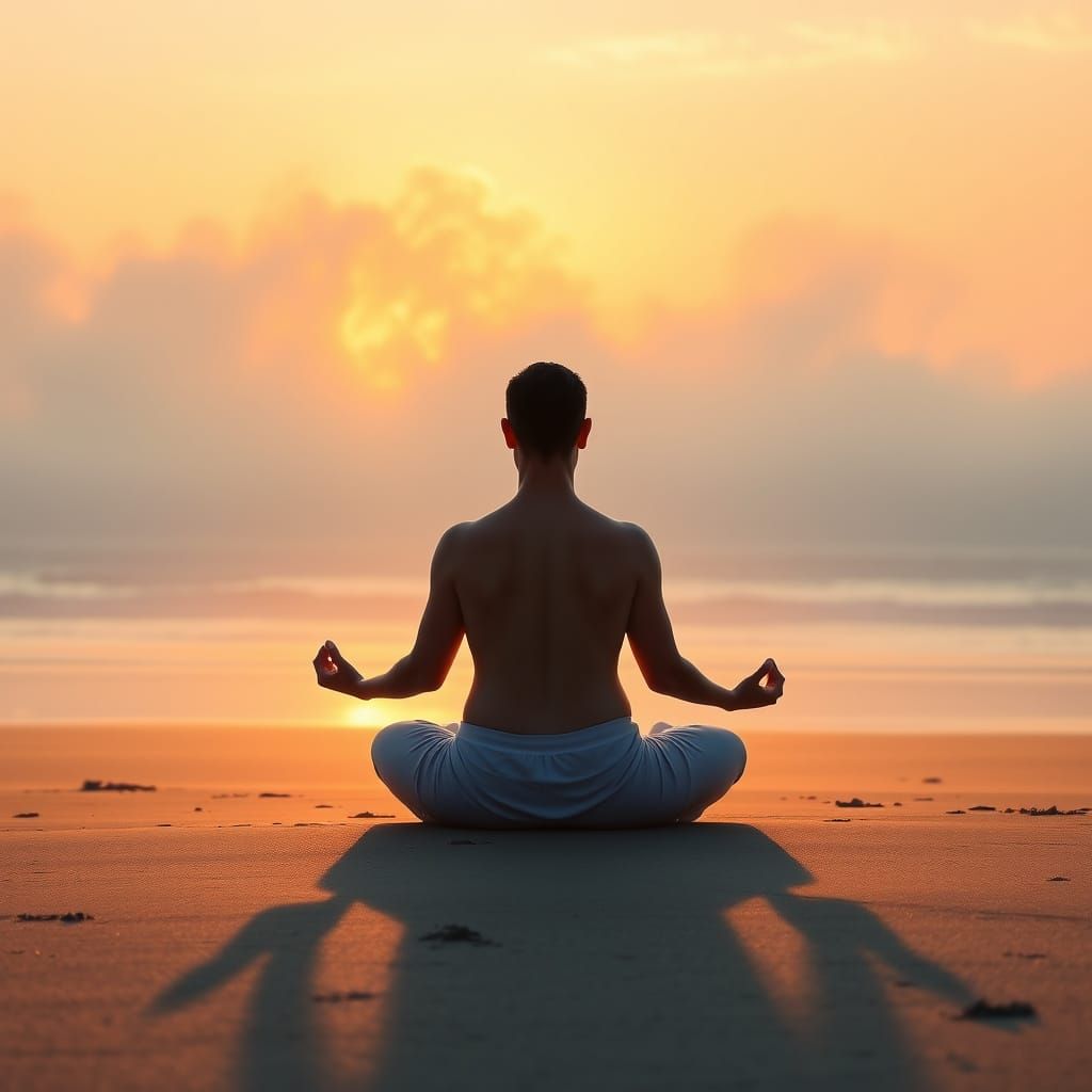 Serene Yogi Meditating on Beach at Sunrise