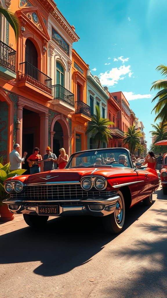 Red Cadillac in Lively Cuban Street Scene