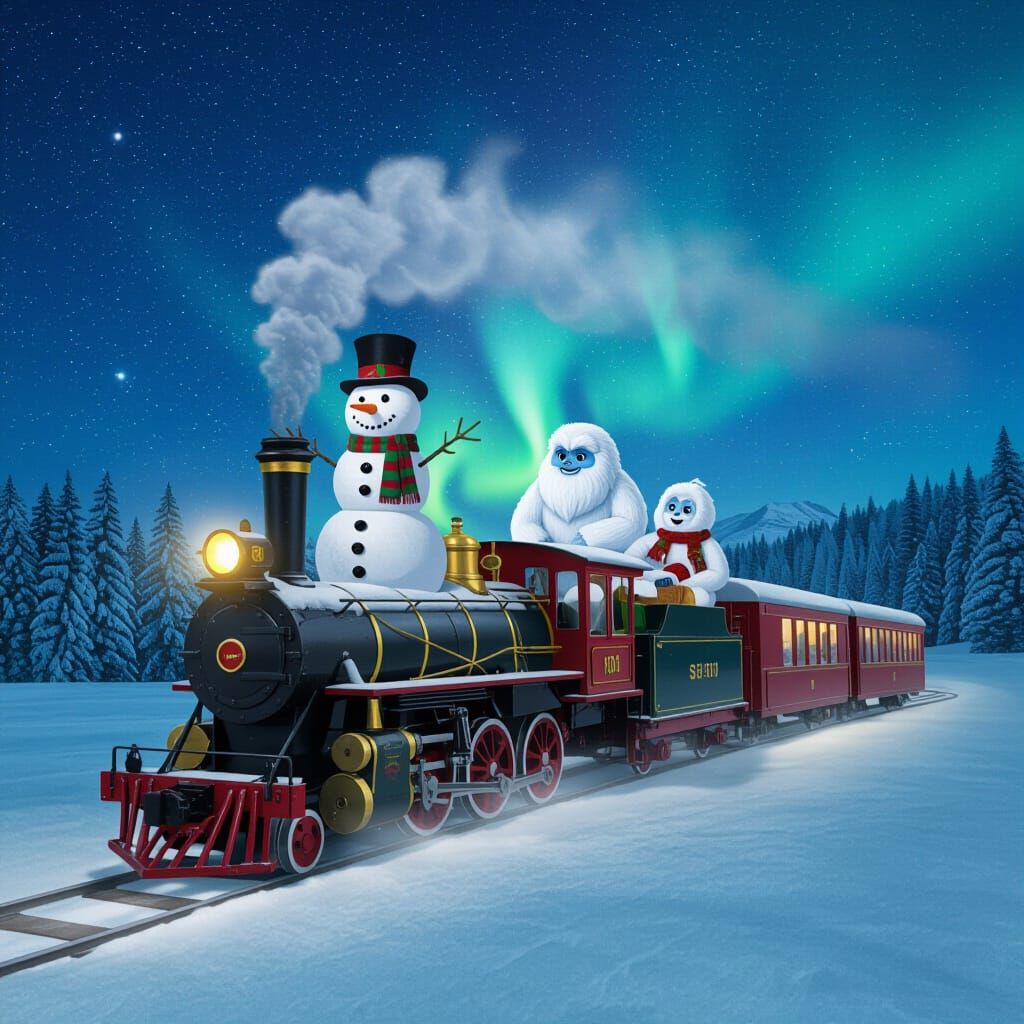 Snowman and Yeti Children Ride Ice Train Under Aurora