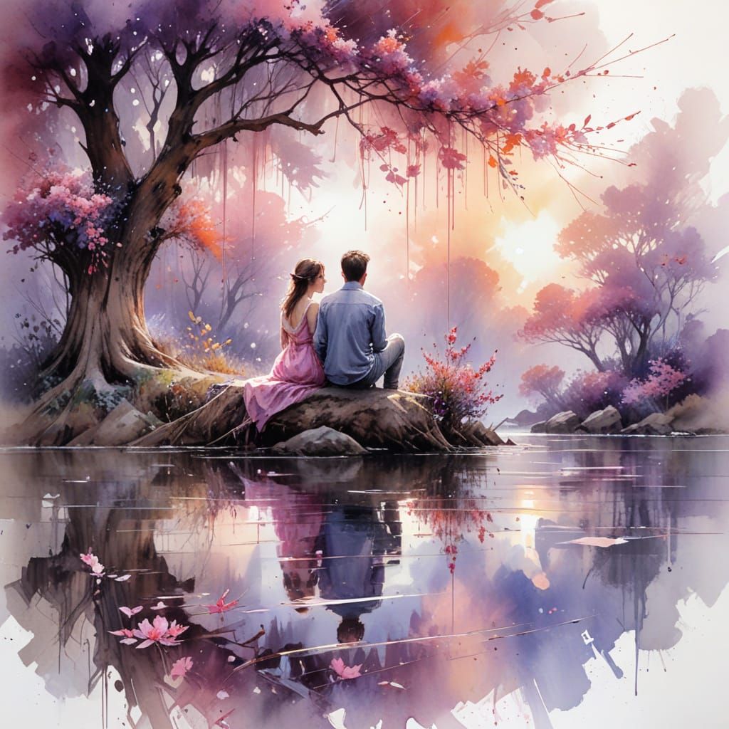 Serene Moment by the Water's Edge in Whimsical Watercolour