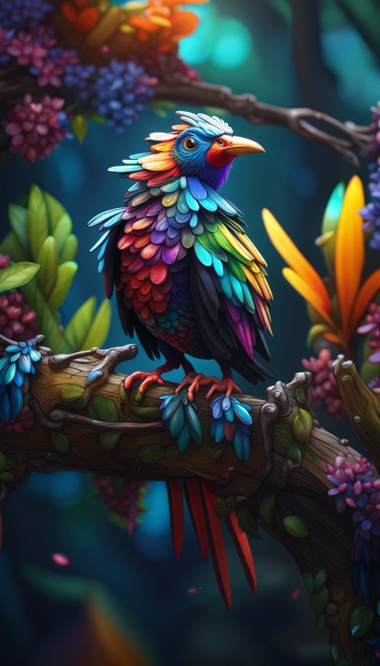 Exotic Bird on Branch: Detailed Fantasy Art