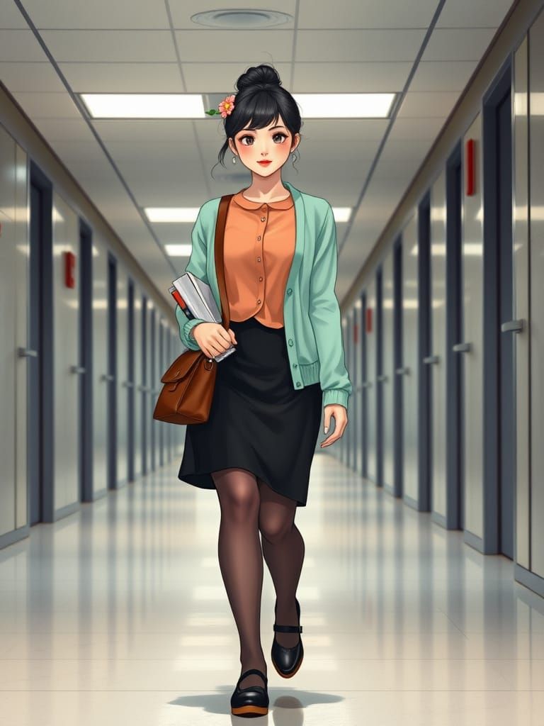 Elegant Asian Female Spy Walks Down Intelligence Agency Hall...