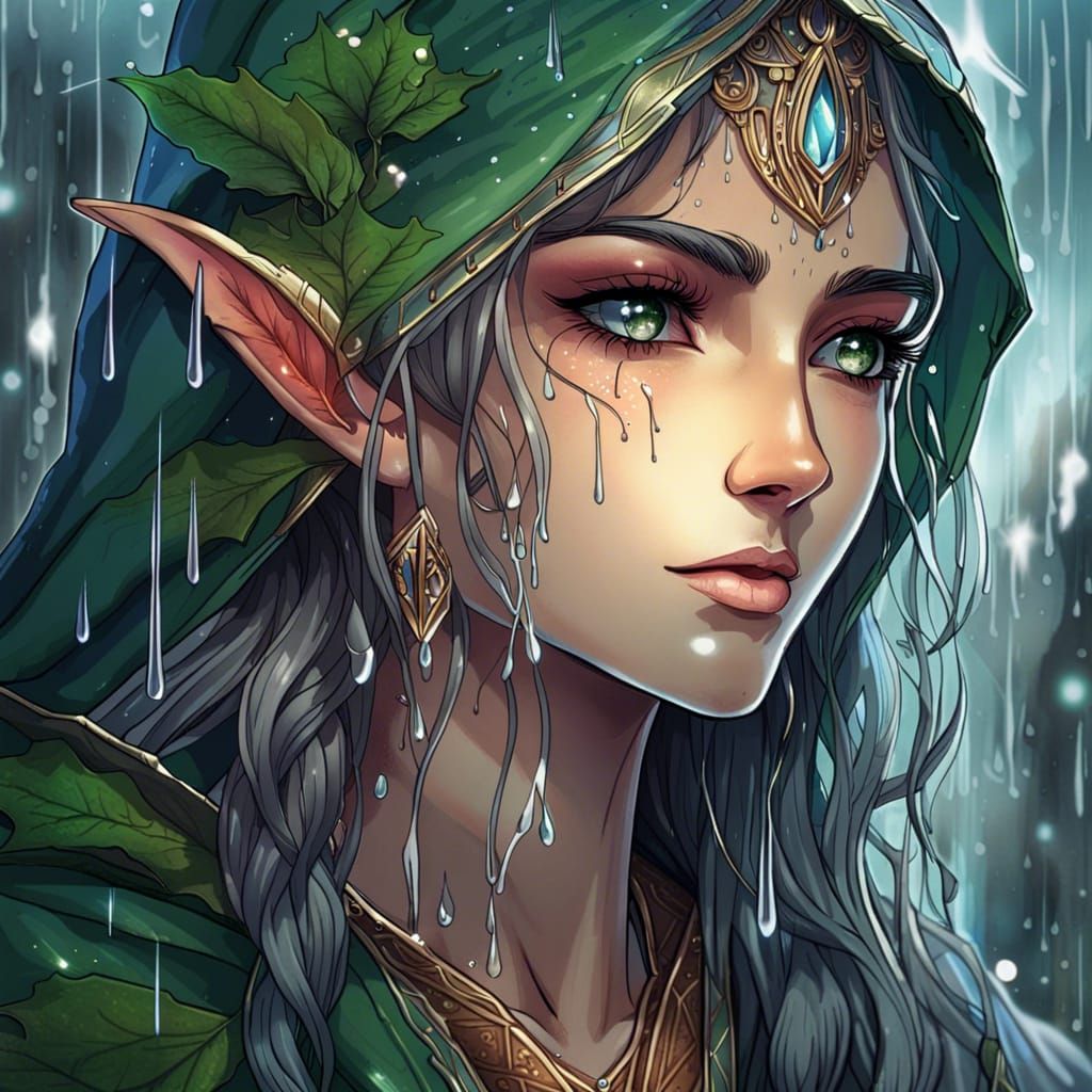 Crying Elven Woman in Anime Style