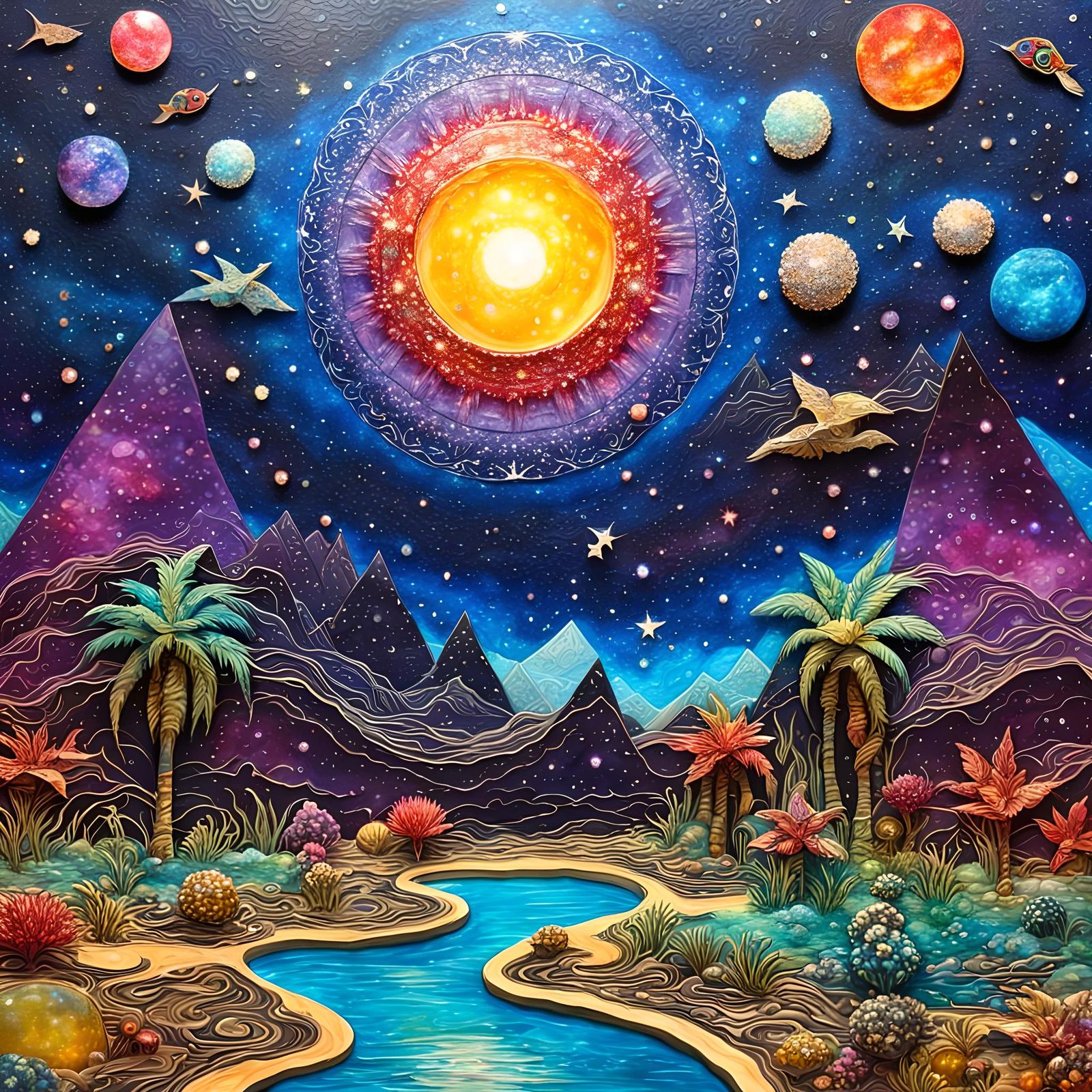Bejeweled Galactic Oasis: Hyperdetailed Paper-Crafted Master...