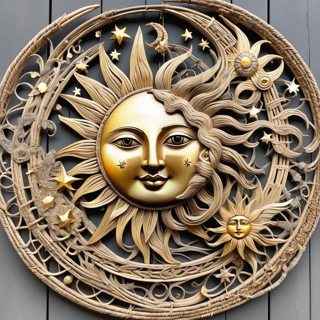 Woven Wicker Sun, Moon and Stars in Art Nouveau