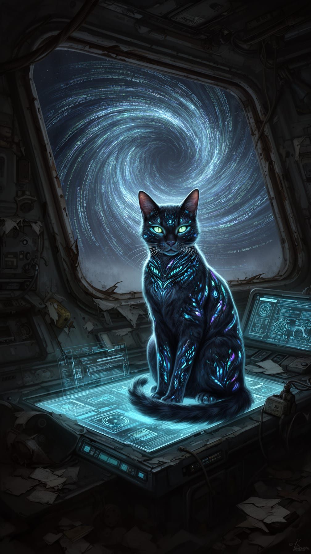 Futuristic Cat on Holographic Console in Abandoned Spaceship