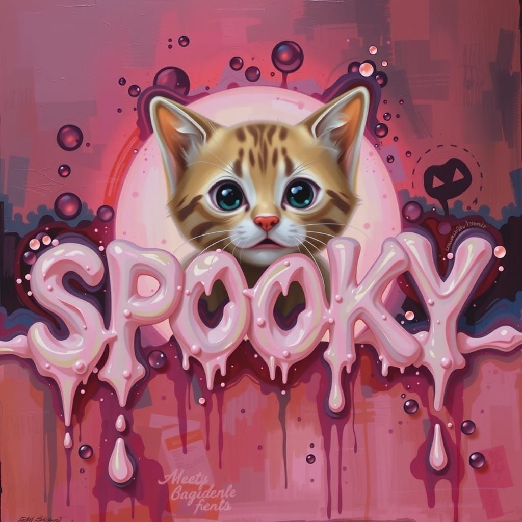 Whimsical Pastel Pink Horror Title in Water Font with Kitten