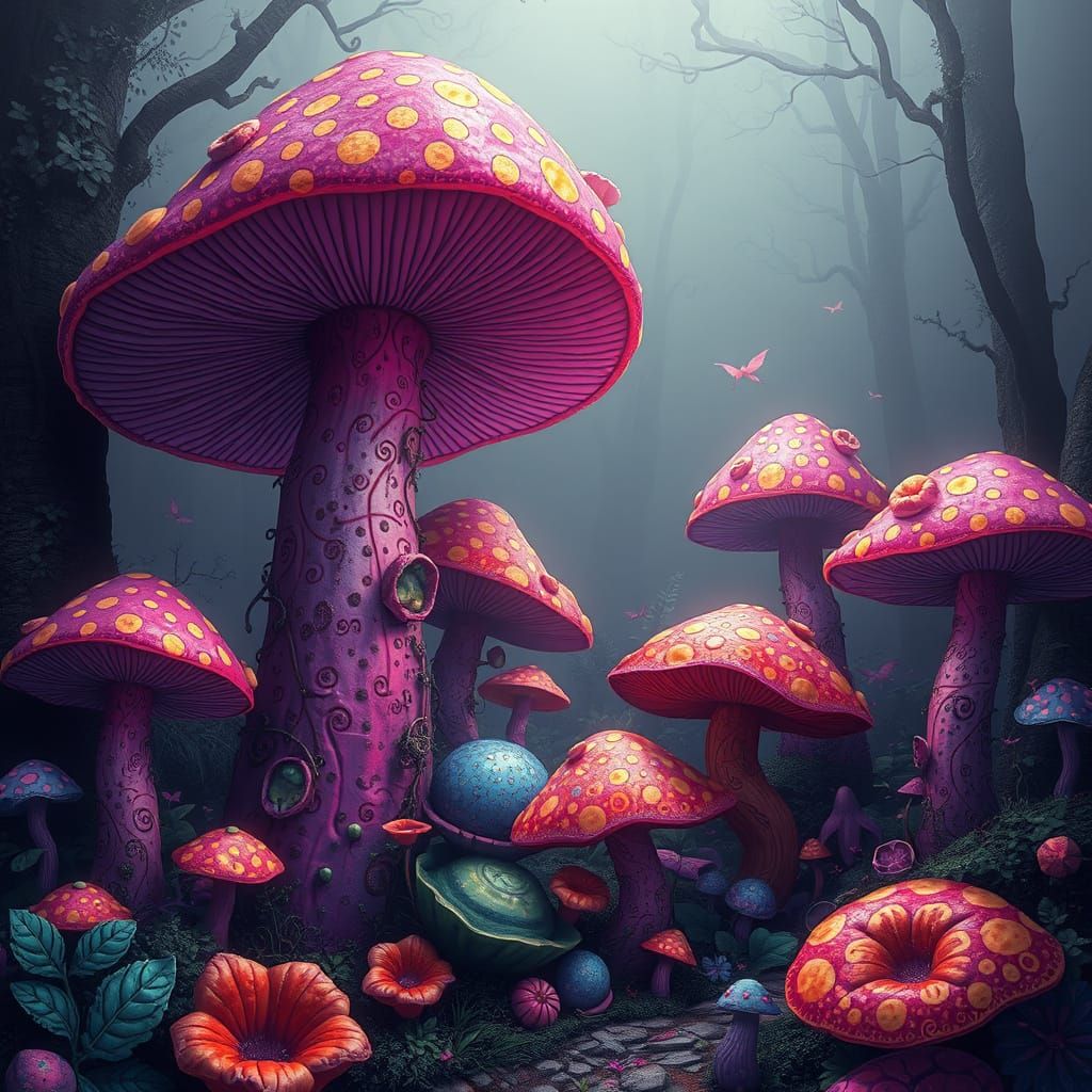 A mesmerizing painting captures a magical forest where overs...