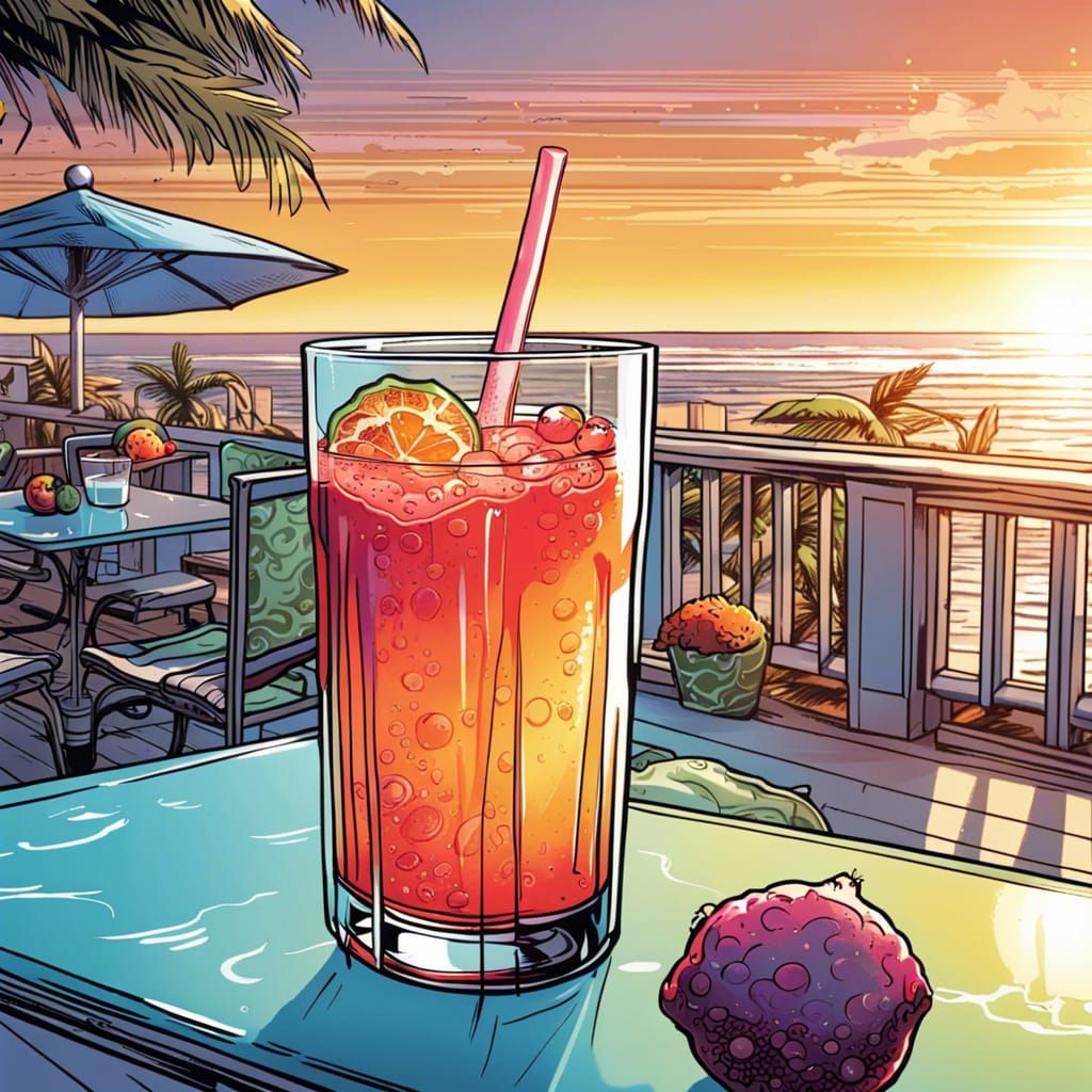 Iced Fruit Juice on Beach Terrace in Comic Book Style
