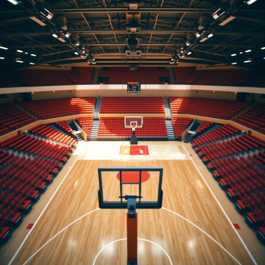 Empty Basketball Stadium Soared from Above in Sunlit Splendo...