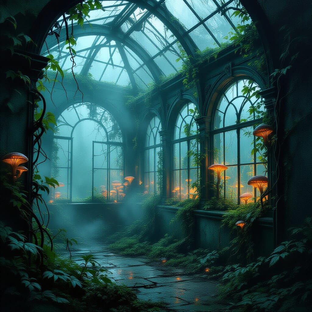 Gothic Greenhouse Overrun by Bioluminescent Flora