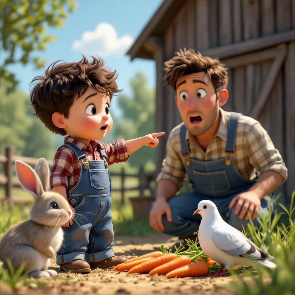 Boy Points at Rabbit as Farmer Reacts, Serene Daylight Scene