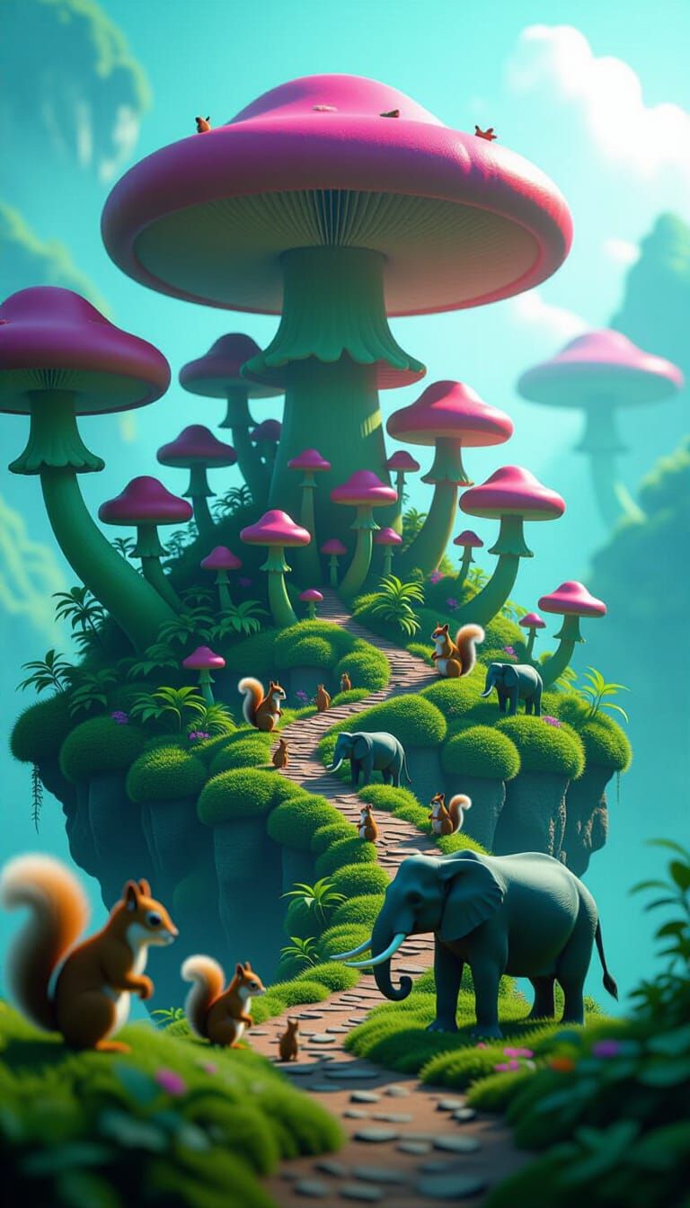 Mysterious Island with Giant Mushrooms and Miniature Wildlif...