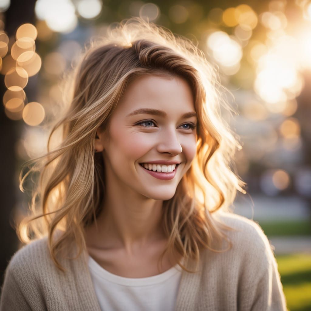 Candid Portrait of a Joyful Woman in Golden Sunlight