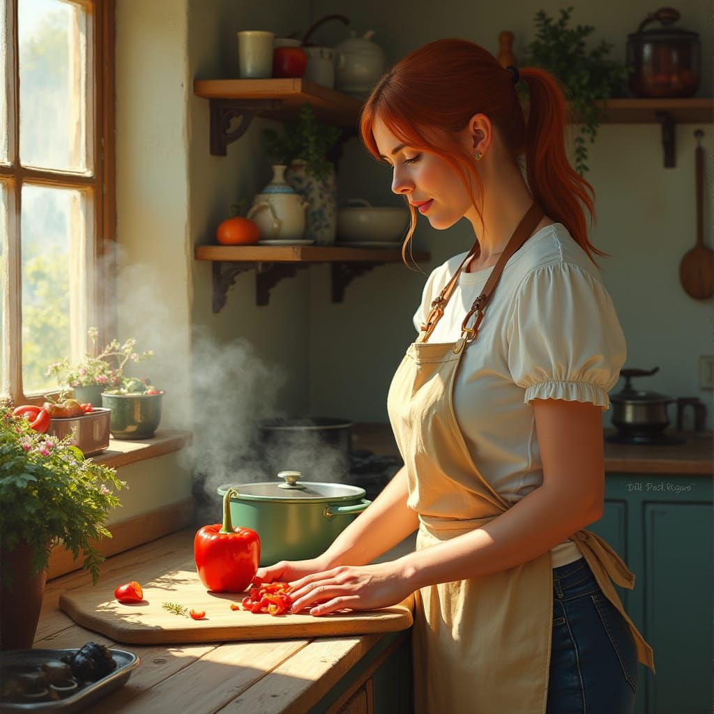 Woman Chopping Pepper in Sunlit Rustic Kitchen