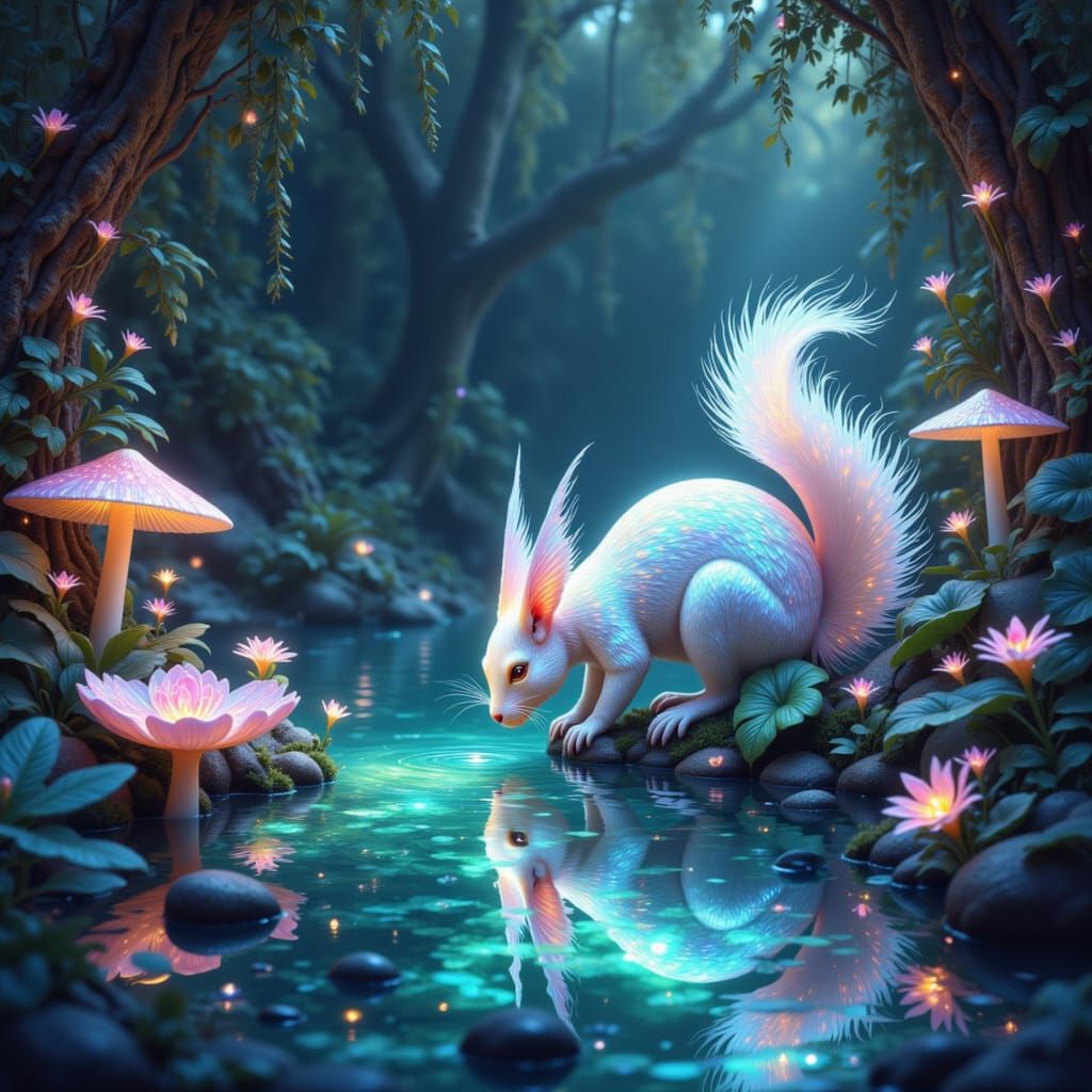 Enchanted Grotto with Bioluminescent Mushrooms and Shimmerin...