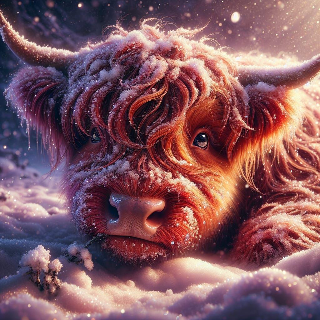 Surreal Highland Cow Frolics in Winter Wonderland