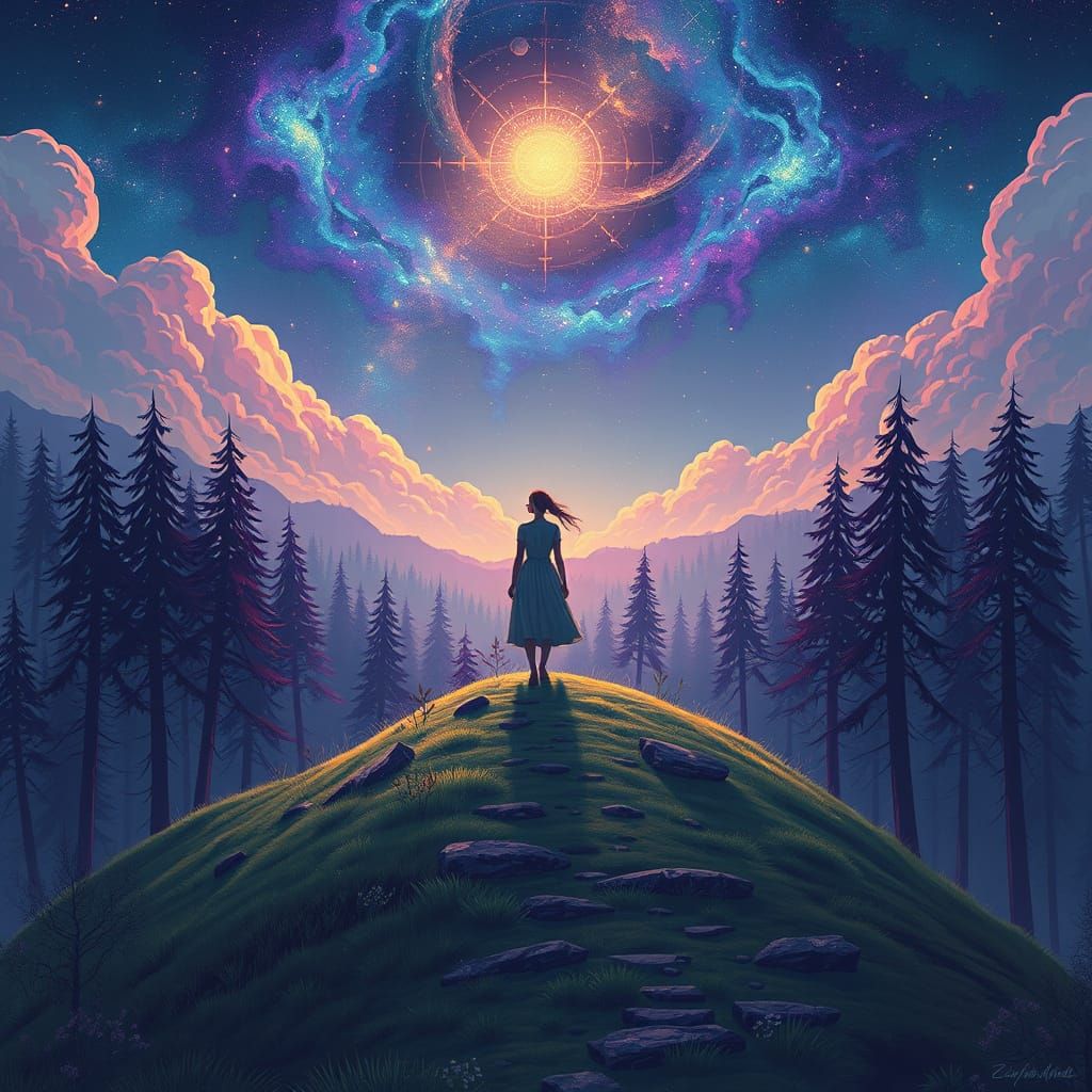 Woman in Mystical Forest Under Celestial Skies
