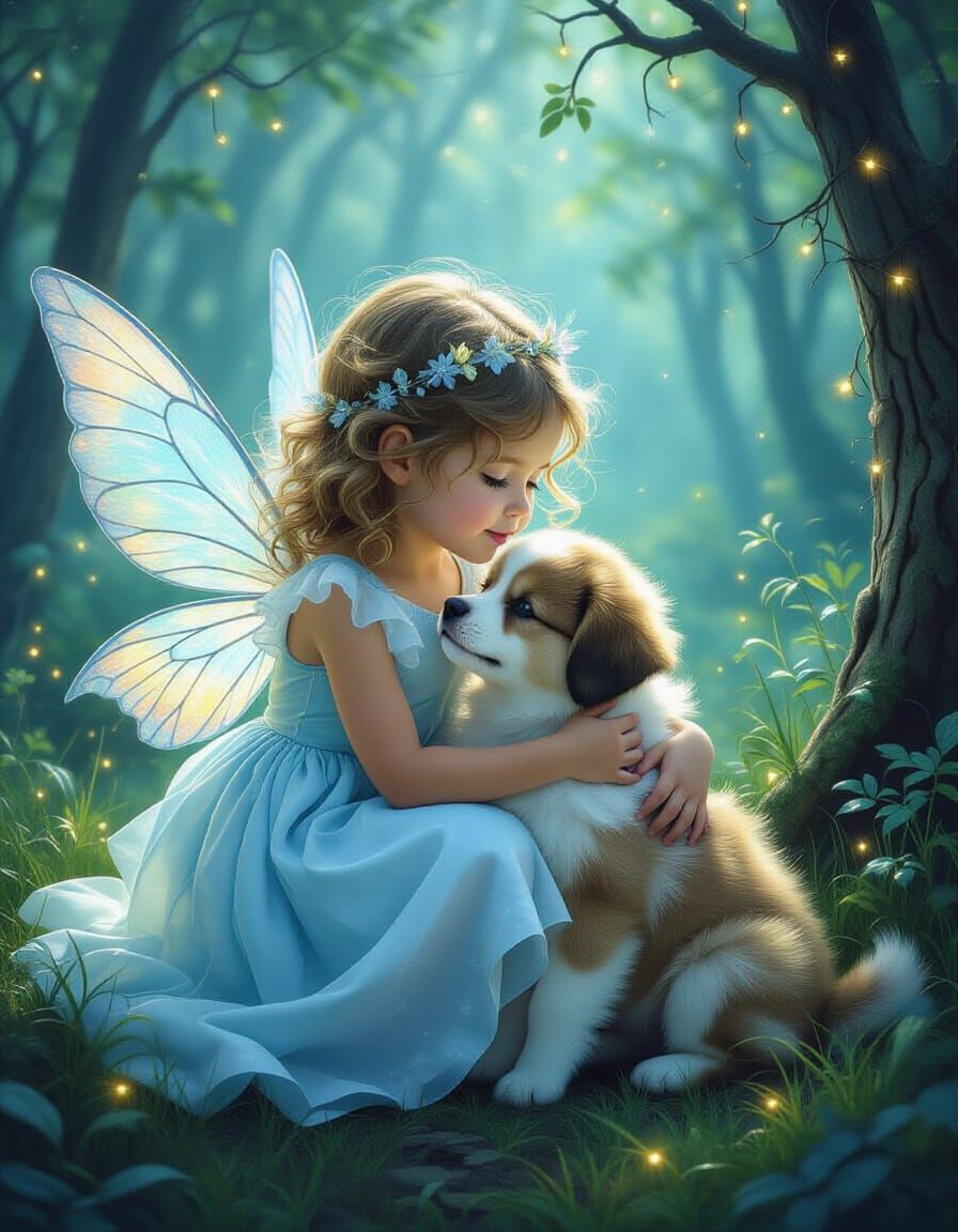 Girl with Puppy in Magical Forest