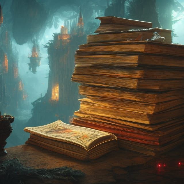 Ornate Books on Wooden Table: Fantasy Illustration