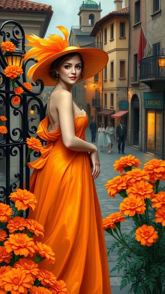 Woman in Orange Gown on European Street