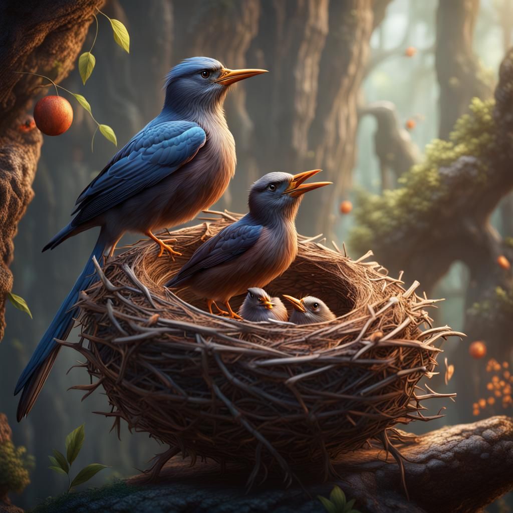 Cheerful Bird Feeds Young: Detailed Matte Painting